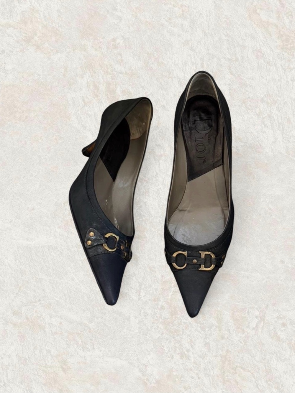 Auth Christian Dior Galliano CD Logo Charm Pointed Toe Kitten Heels